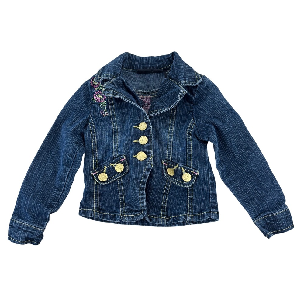 Babydoll Denim Jacket Girls Toddler 2T Blue Floral Embroidered‎ Y2K Button Front
